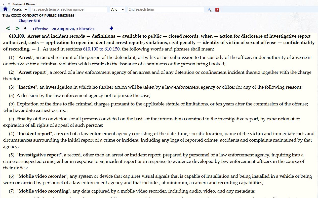 Cass County arrest records and court charges Missouri arrest records statute
