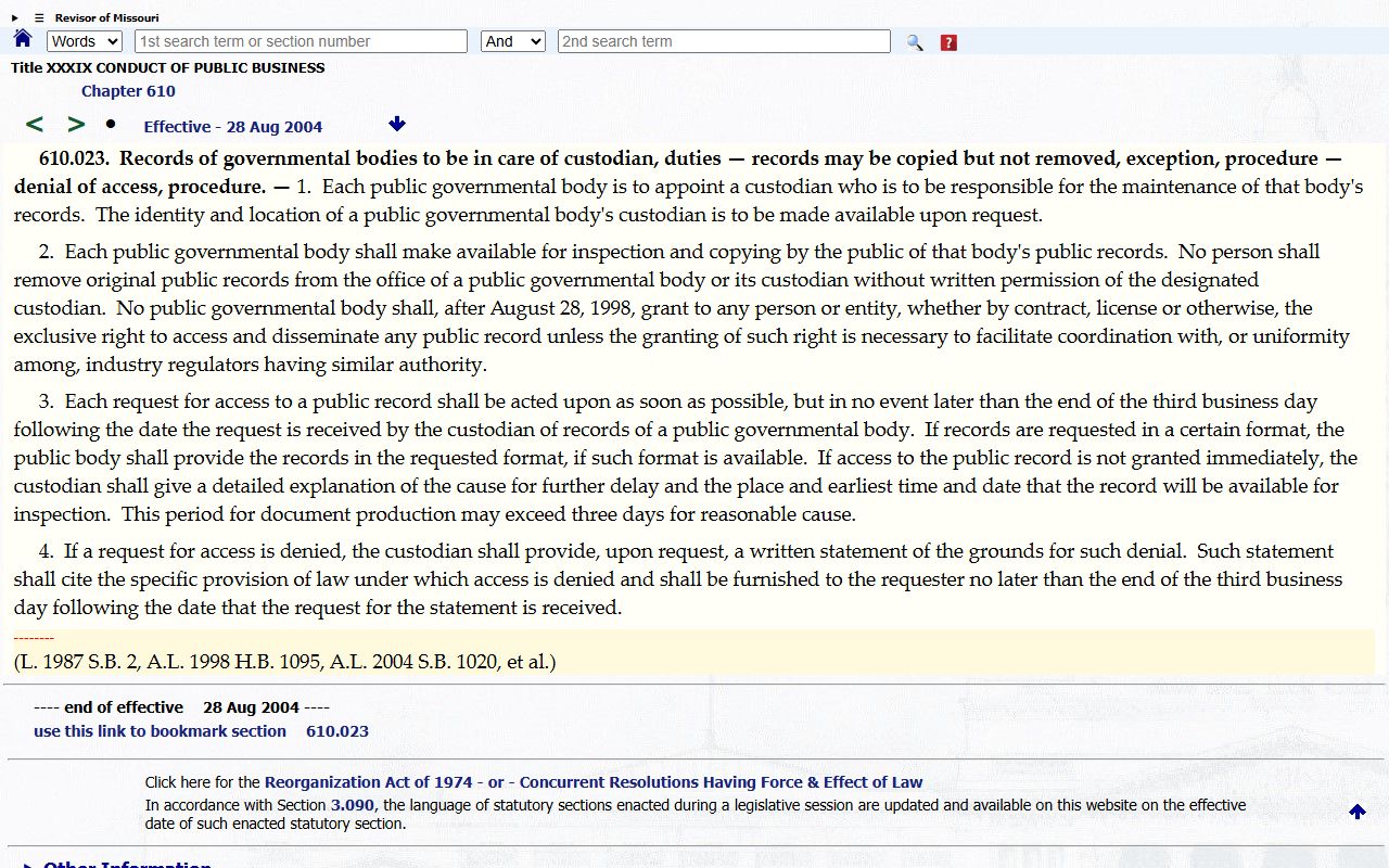 Cass County court records RSMo 610.023 custodian statute