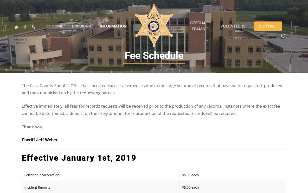 Cass County inmate search sheriff records fee schedule