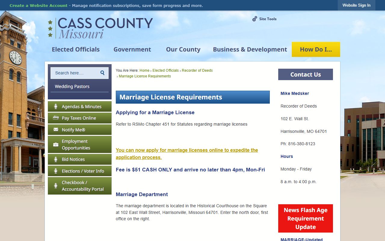 Cass County marriage records license requirements page