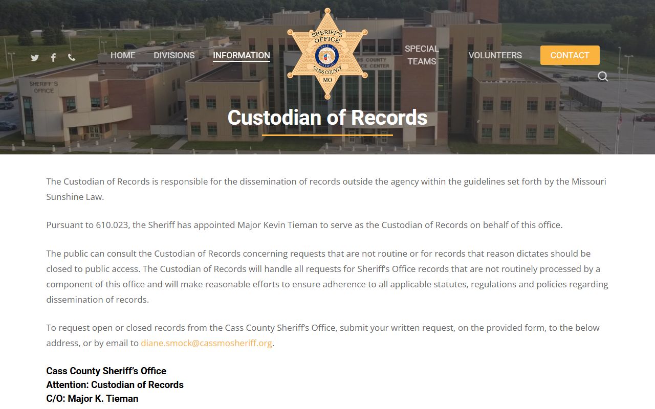 Cass County warrant search sheriff custodian of records